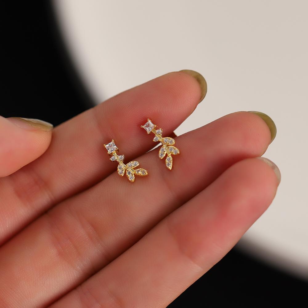 S925 Sterling Silver 14K Gold Plated Zircon Leaves Stud Earrings Korean Flower Plant Earrings