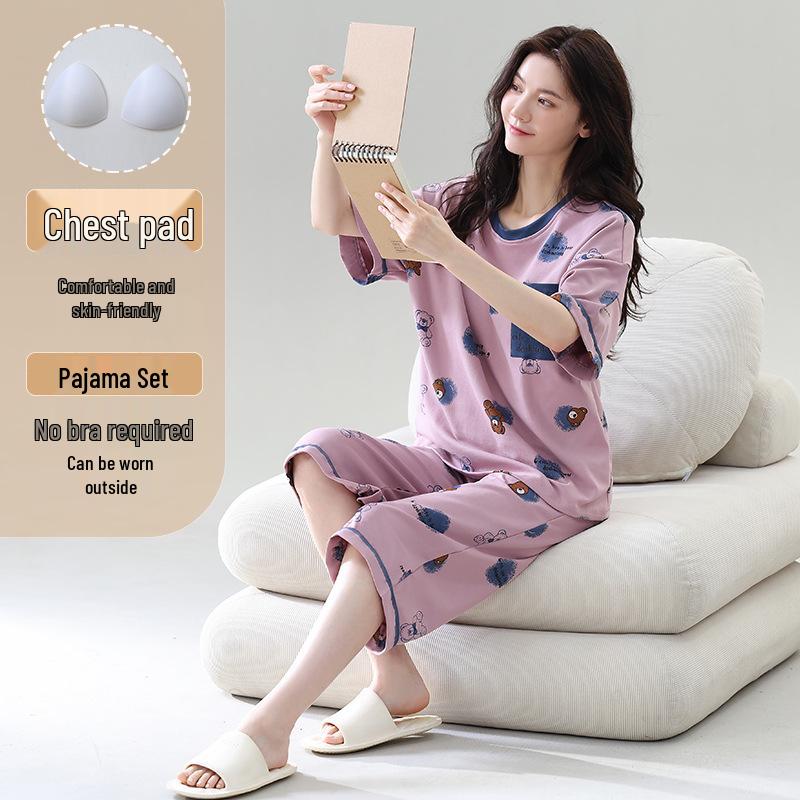 

Женский модный летний комплект капри большого размера с короткими рукавами и нагрудными вкладышами L (50-58 kg)