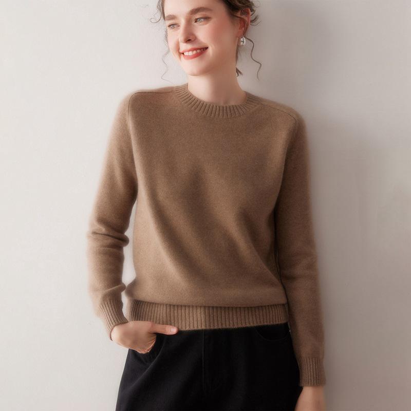 2025 Autumn/Winter Women's Pure Cashmere Round Neck Sweater - Saddle Shoulder, Thickened, Loose Fit, Slimming Knit Base Layer