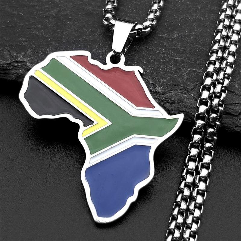 African South Africa Map Flag Pendant Necklace for Women Men Stainless Steel Colorful Enamel Gold Color Ethnic Chain Jewelry
