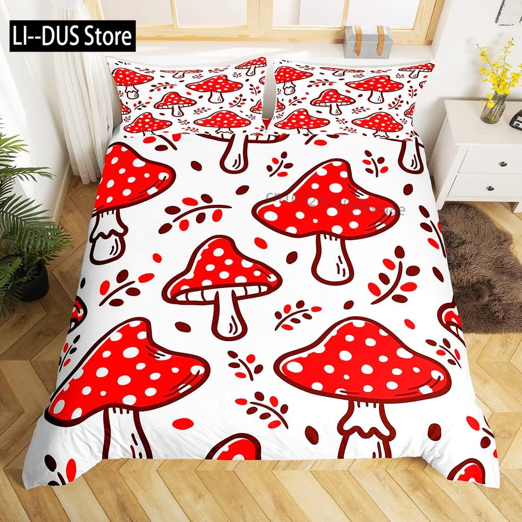 Buntes Pilz-Bettwäsche-Set Einzelgröße Kinder-Bettwäsche-Set Steppdecke Bett-Set Für Jungen Mädchen Erwachsene Mit 1 Bettdecke Und 2 Kissenbezügen
