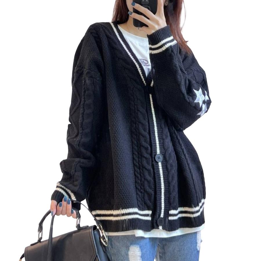 Ribbed Knit Cardigan Sweater with Embroidery - Autumn Solid Color Long Sleeve Women's Coat