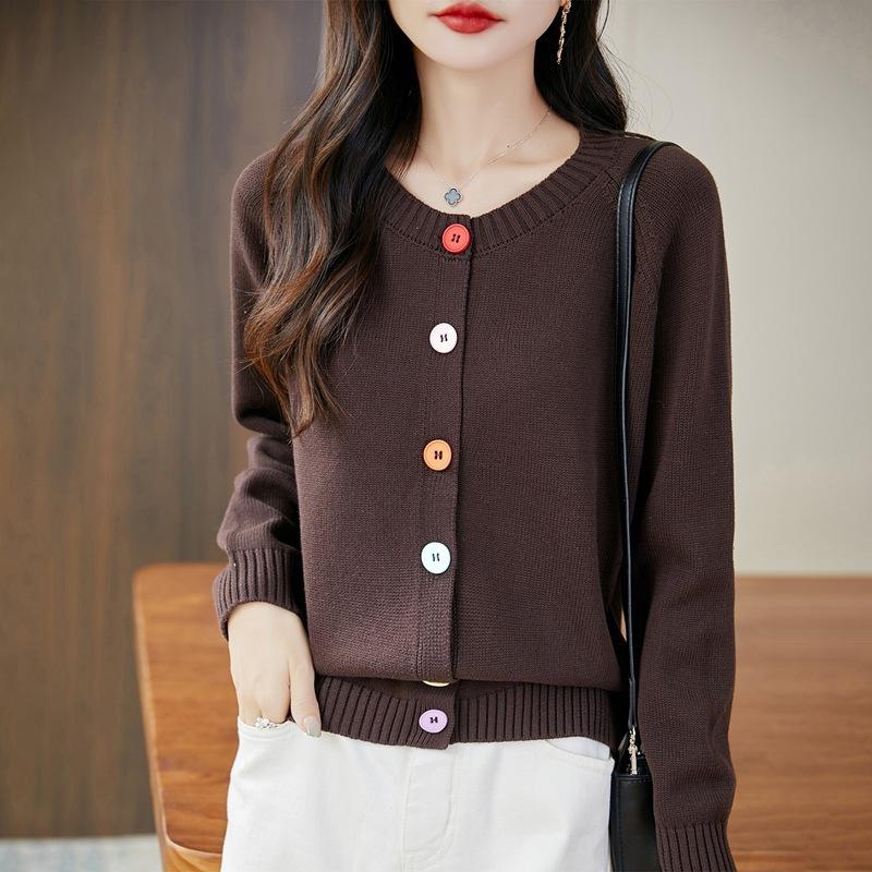 Spring and Autumn New Round-neck Knitted Cardigan Long-sleeved Women's Solid Color Buttoned Loose and Versatile Top Jacket for Women