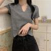 Retro Trendy Fashionable Slim-fitting Top for Women Stylish V-neck Gray Short-sleeved Knitted Top In Summer