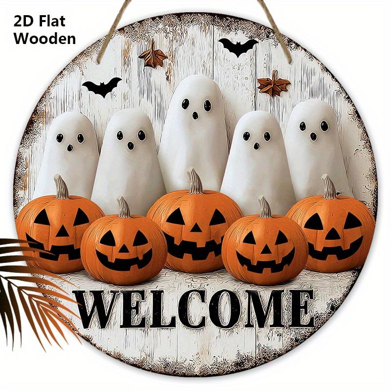 

Halloween Wooden Welcome Sign with Adorable Ghost & Pumpkin Pattern - Unique Figurine Ornaments - Ideal for Front Door, Wall, Room Decor 20cm/7.87in белый