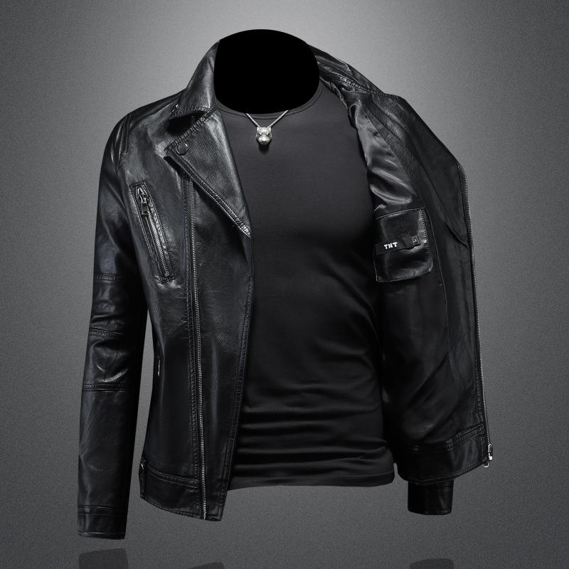 And New Style Mens Lapel Motorcycle Leather Jacket Trendy Slim-fit Leather Jacket Set 7109