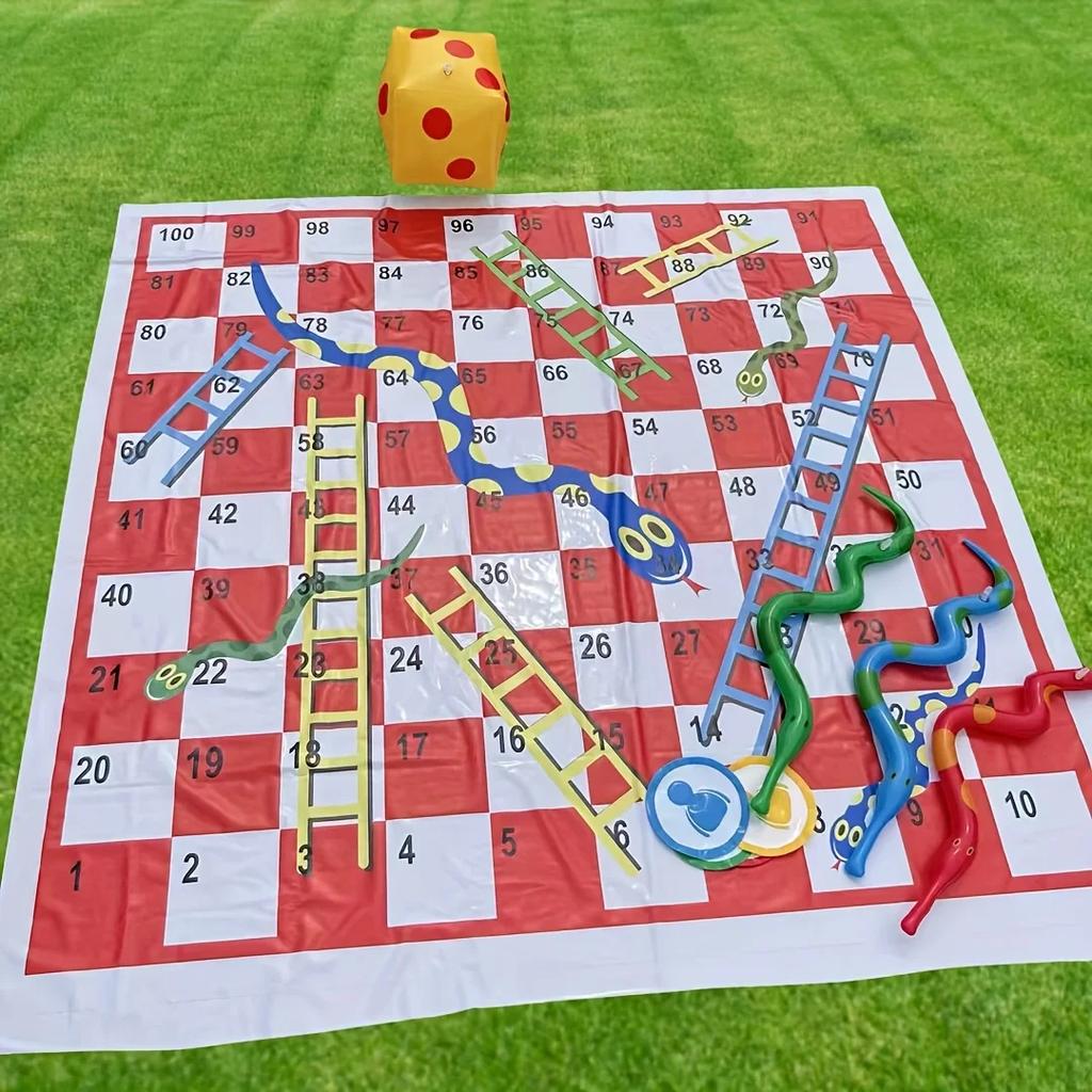 Portable PVC Snake Ladder Chessboard Game Mat - Includes Inflatable Snakes & Dice Outdoor Travel Board Game for Family Fun