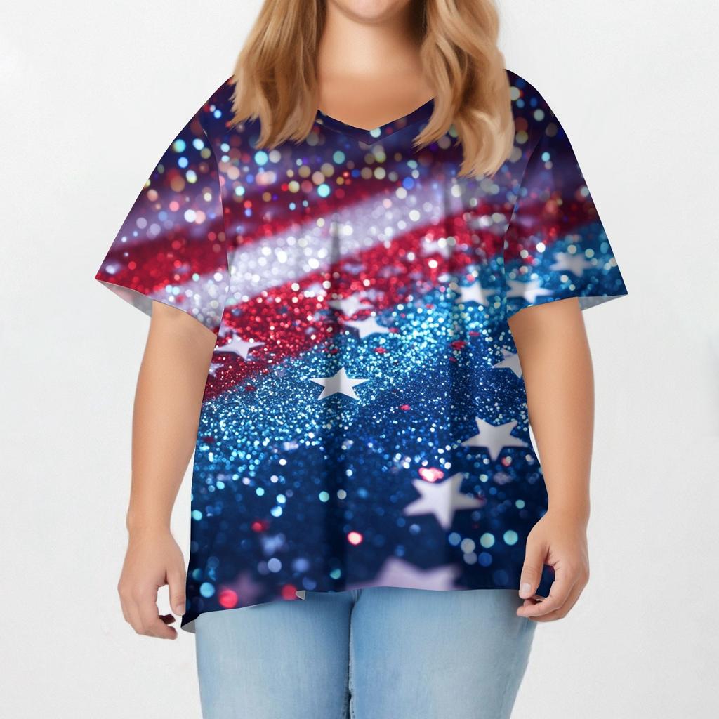 Damenmode Lässig V-Ausschnitt Pullover Kurzarm Übergröße Bedrucktes T-Shirt Top