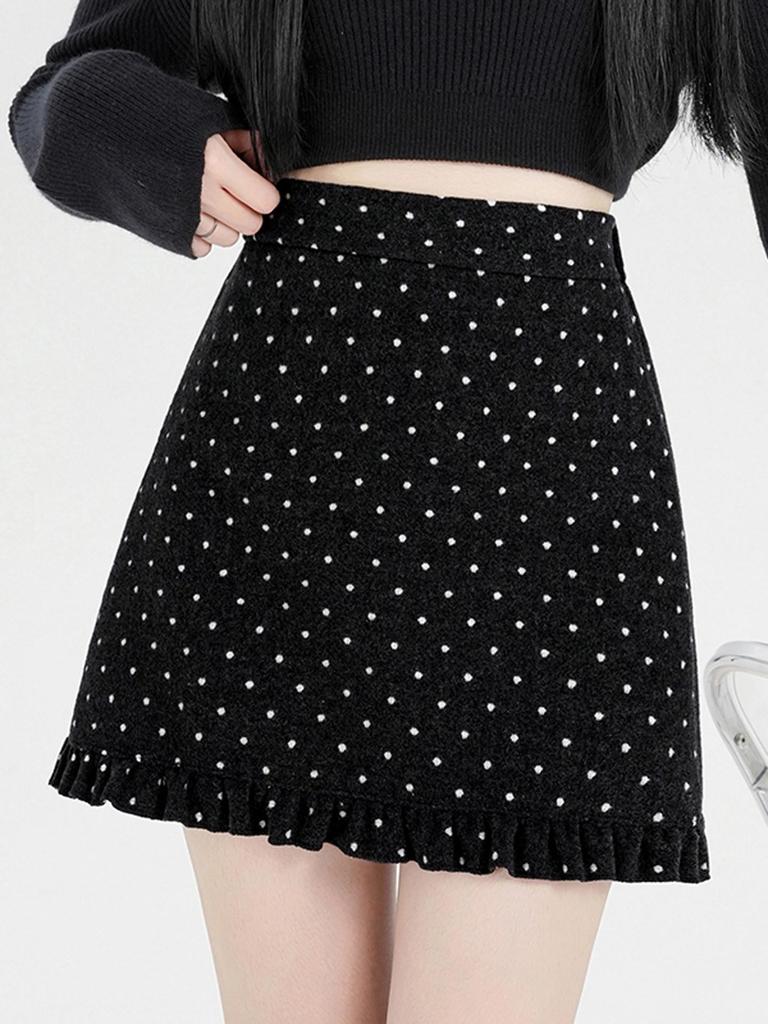 Women's Slim Fit Wool Polka Dot Ruffle Mini Skirt - High Waist, Casual Autumn/Winter A-line