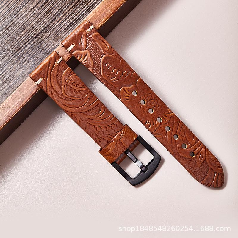 

The First Layer Of Cowhide Printed Genuine Leather Strap Is Suitable For Huawei Gt2 3Pro Xiaomi Embossed Retro Quick-Release Bracelet. 20mm silver buckle светло-коричневого