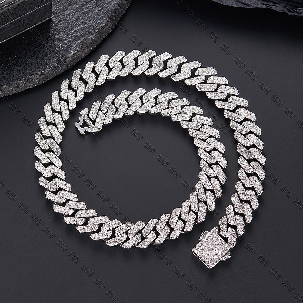 New Cuban Chain 14mm Fashionable and Simple Full Diamond Bar Hip Hop Necklace