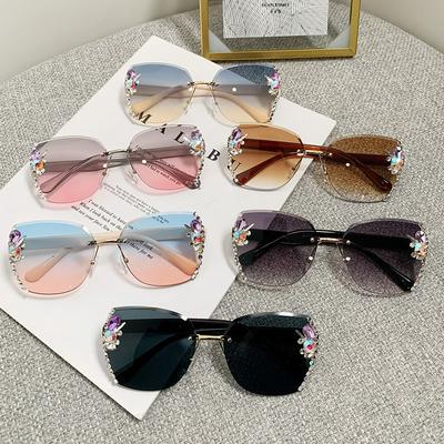Frameless Cut Edged Diamond Clad Sunglasses Women's UV Sunglasses Marine Sunglasses
