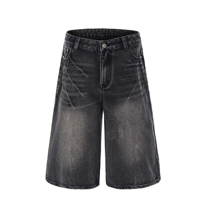 Summer American Lightning Crack Denim Cropped Pants Men's Straight Loose Wide Leg Shorts