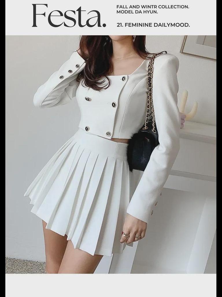 2023 Autumn Korean Style Women's Fashion: Double-Breasted Jacket and Pleated Skirt Two-Piece Suit