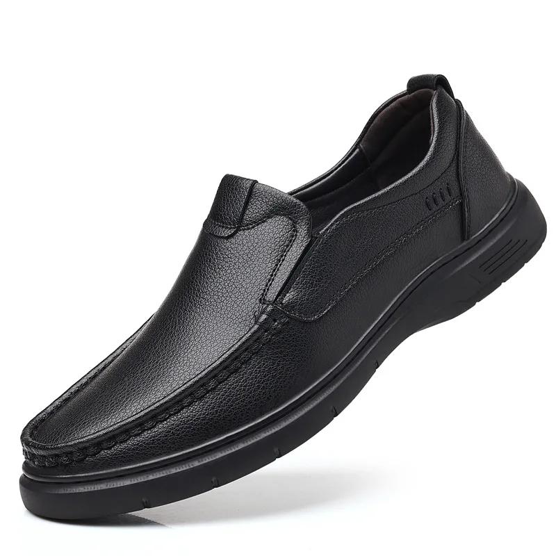 Men Casual Leather Shoes Fashionable Men Hollow Breathable Slip on Soft Leather Thick Soled Casual Leather Shoes 2025