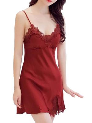 Cocos Pygmy Bra Slip Chemise Lace Camisole Built-in Cup A-Line Innerwear Women's Wine Red XL Adjustable Straps Stretch
