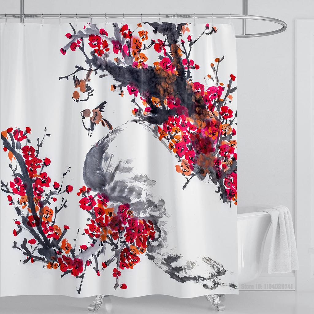 Chinese Style Flower and Birds Tree Shower Curtains Crane Pattern Bath Curtain Waterproof Bathroom Decor With Hooks 3d Printing