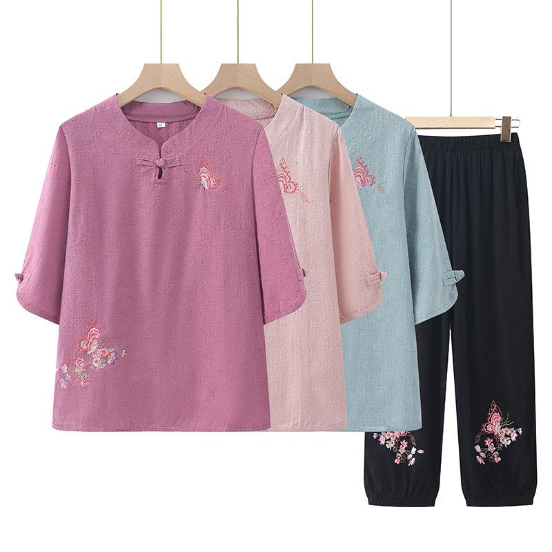 Grandma's Fashionable Cotton Linen Tang Suit Mid-Sleeve T-shirt for Elderly Women