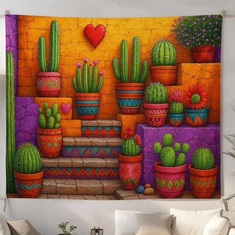 Colorful Mexican-style cactus courtyard tapestry 75x100 чёрный
