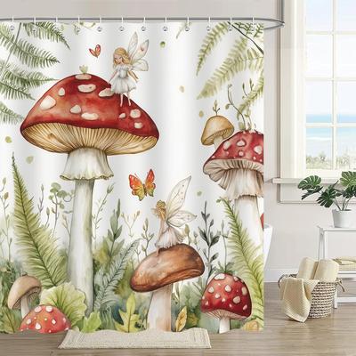 Summer Mushroom Shower Curtain, Watercolor Green Plant Leaves Fairy Girls Bathroom Curtain, Polyester Fabric Waterproof Bath Cur