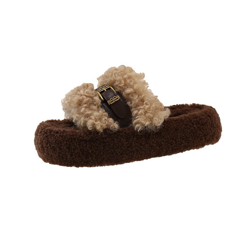 

Thick-bottomed teddy roll thick-bottomed fluffy slippers for women s outer wear autumn and winter new belt buckle home plush cotton mop 40 хаки