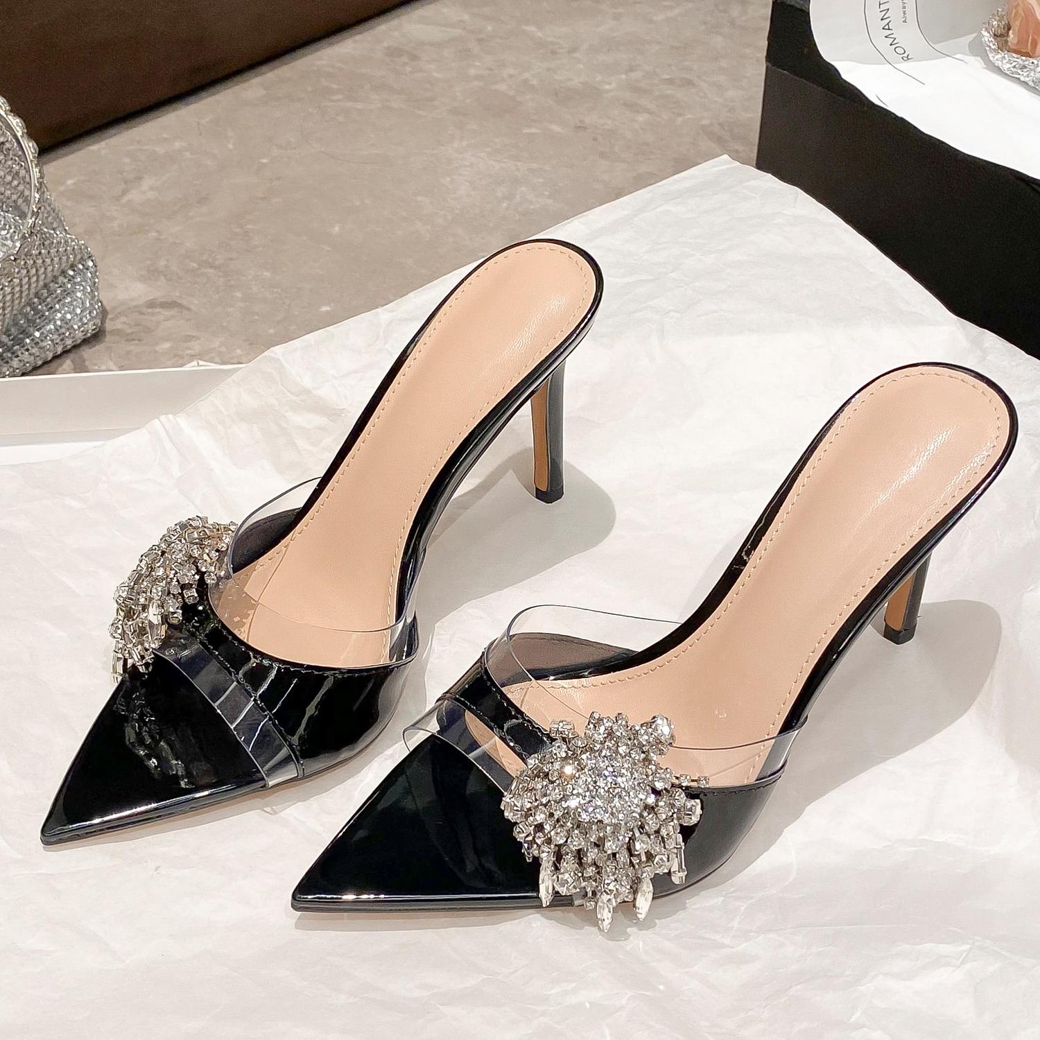 Sexy lady Diamond-Encrusted Pointed-Toe Mules Women s Sandals Transparent High Heels Sexy Thin Heel Versatile Slipperss 34