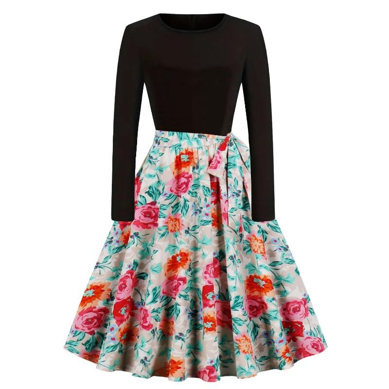 Autumn and Winter New Retro Women's Clothing Round Neck Long-sleeved Black Spelling Print Pendulum Dress