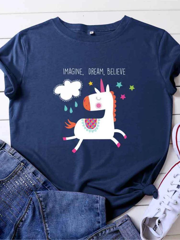 

Представляй Мечтай Верь Принт Лошади Женская Футболка с Коротким Рукавом Круглый Вырез Свободная Женская Футболка Женская Футболка Топы Camisetas Mujer XXXL темно-синий