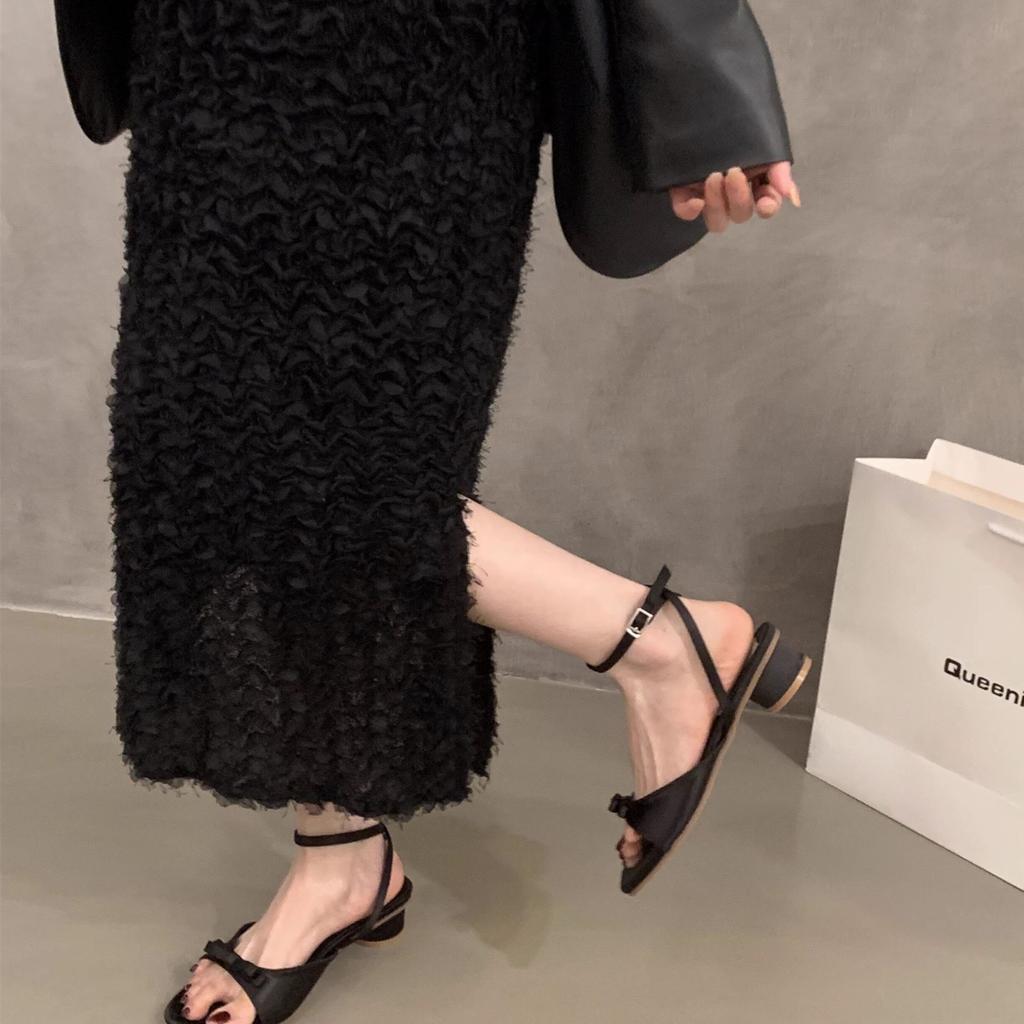 French Thick Heel Thin Strap Sandals Women'S Summer Skirt One Word With Bow Open Toe Silver Cool Slippers