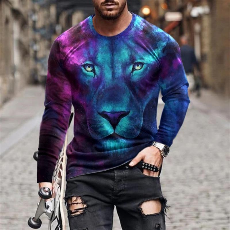 Funny 3D Lion Printed Long Sleeve T-shirt Fashion Animal Pattern Men's Tops Casual O-neck Oversized Pullover Autumn Men Clothing