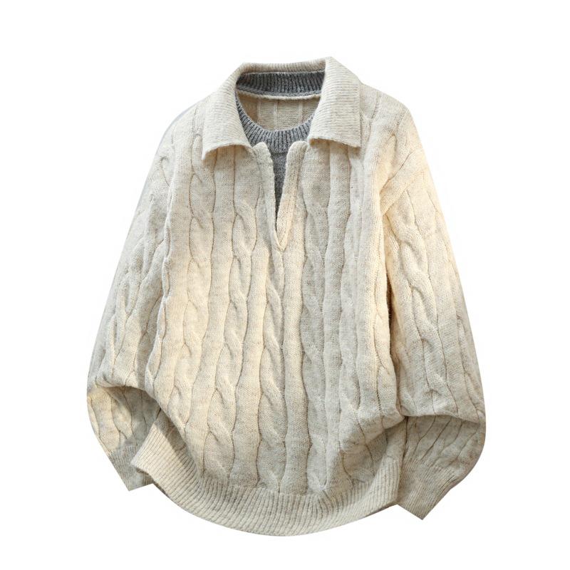 

Men s Autumn/Winter Retro Loose-Fit Lapel Sweater - Cable Knit Two-Piece Style 3XL off білий колір