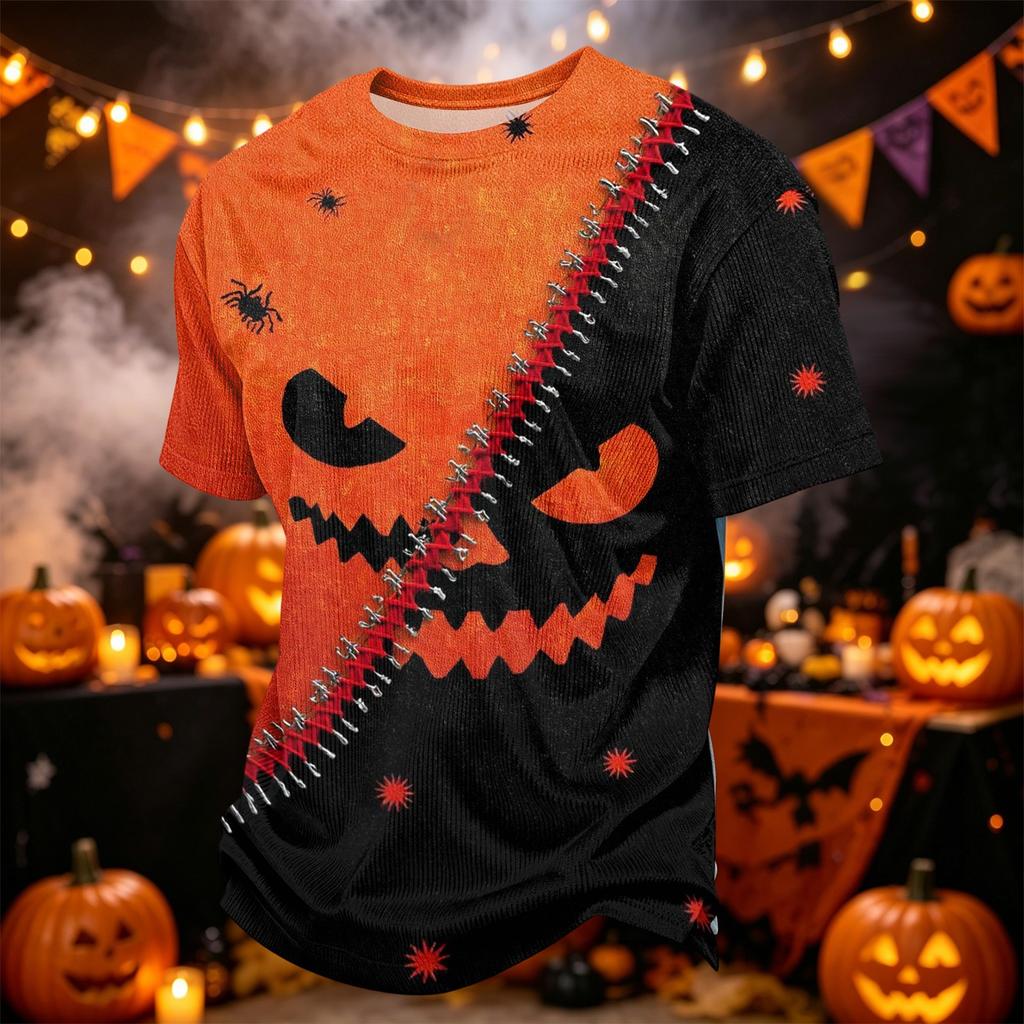 Men Casual Corduroy Short Sleeve Lightweight Breathable Round Neck Top Halloween Pattern Printed Shirt