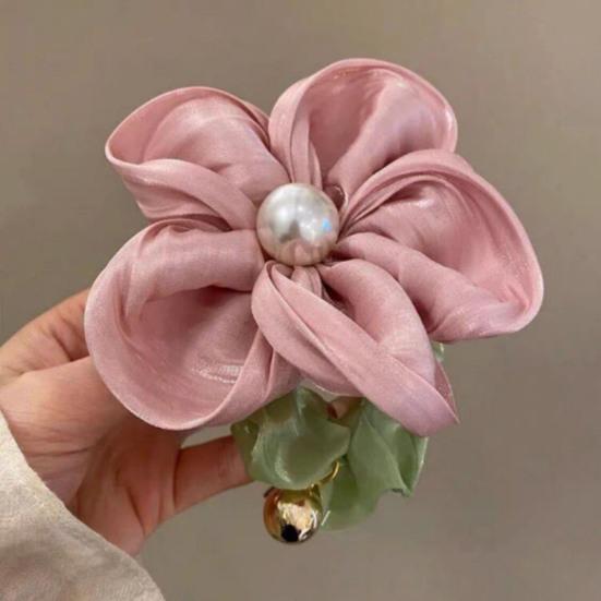 Hair Tie Handmade Satin Flower Decor Hair Tie with Imitation Pearls Large Elastic Soft Hair Band Autumn Winter Hair Accessories