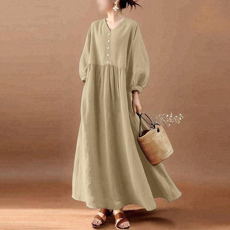 ZANZEA Women Casual V-Neck Loose Long Sleeve Solid Long Dress