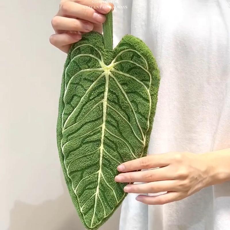 Decorative Leaf Hand Towel Tropical Plants Kitchen Towel Super Absorbent Handkerchief Quick-Dry Bathroom Towel with Hanging Loop
