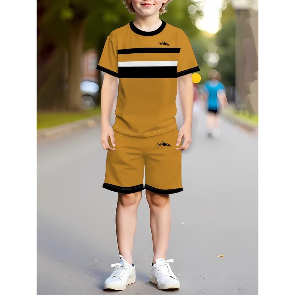 Boys Clothes Simple Striped 3D Printed Short Sleeve T-Shirt Sets Loose Casual Summer Outdoor Quick Drying Children's Clothing