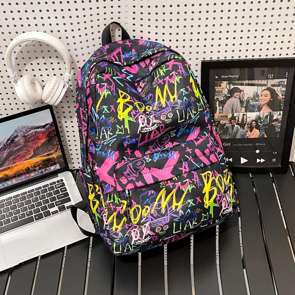 Schoolbag Backpack Men's 1 Trend Graffiti ins Large Capacity Fashion Printing Student Women's Backpack Waterproof and Wear-resistant White Ditch
