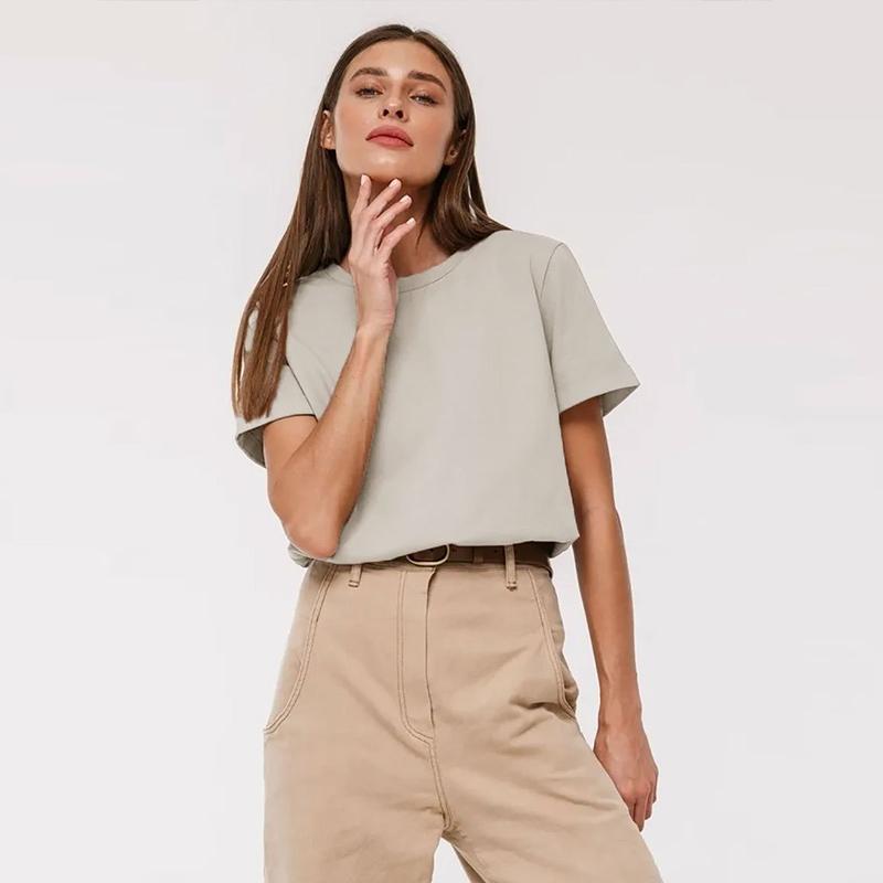 Basic Causal Solid Crew Neck Cotton T-shirt Women Loose Versatile Commuter Short Sleeve Tee Summer Simple Daily Lady Tops