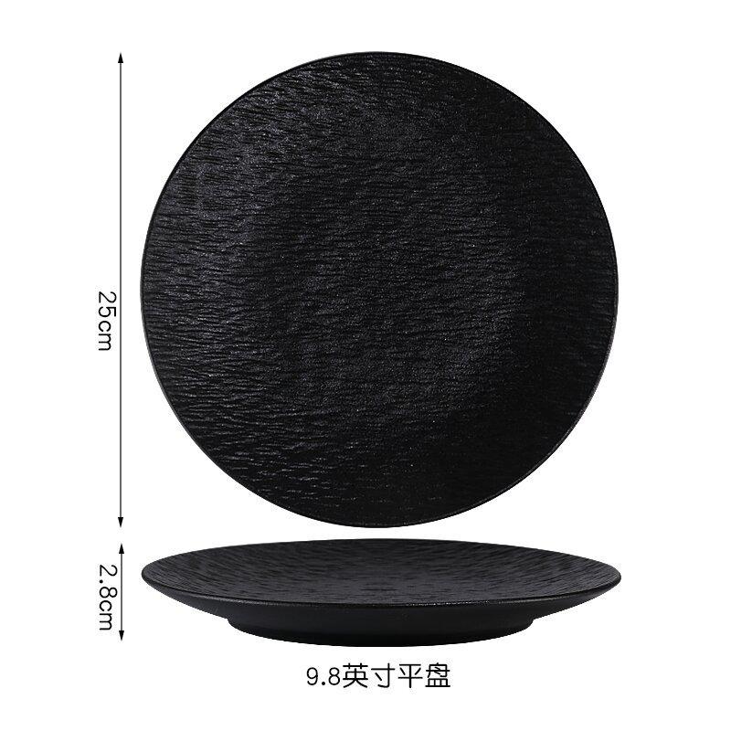 Japanese-style Black and White Stone-pattern Ceramic Plate Wear-resistant Round Steak Plate Home Dinner Cooking Plate Tableware