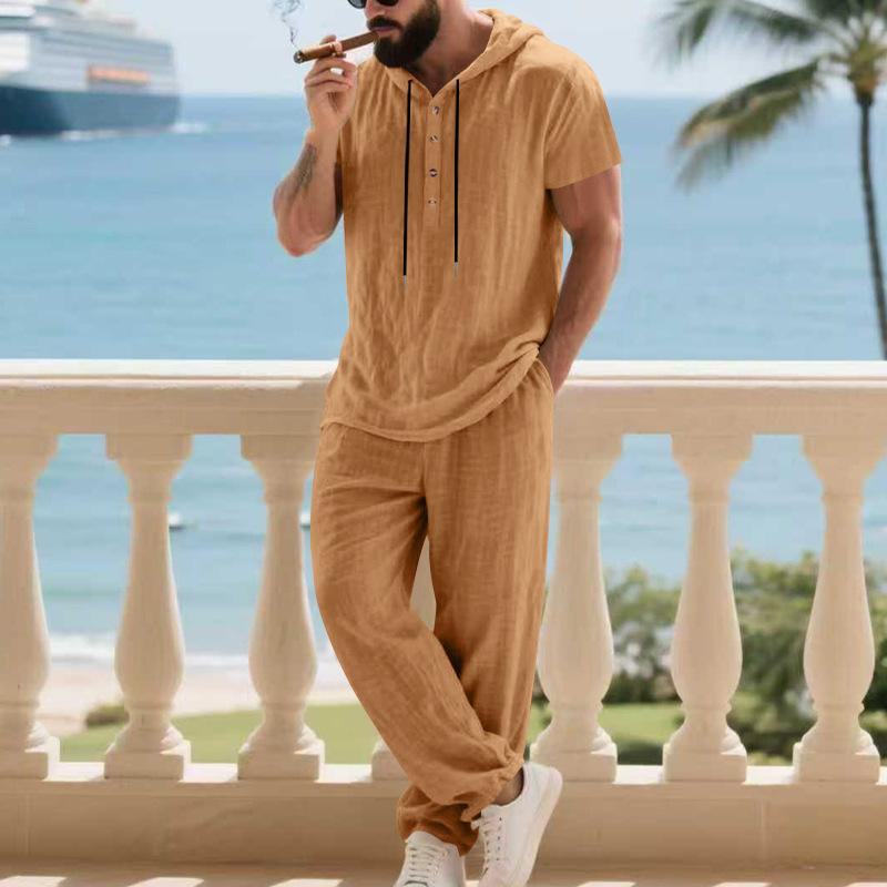 Men'S Casual Linen Hooded Shirt and Pants Set | Short Sleeve, Drawstring Waist, Non-Stretch, Solid White, Vacation Homewear with Woven Texture