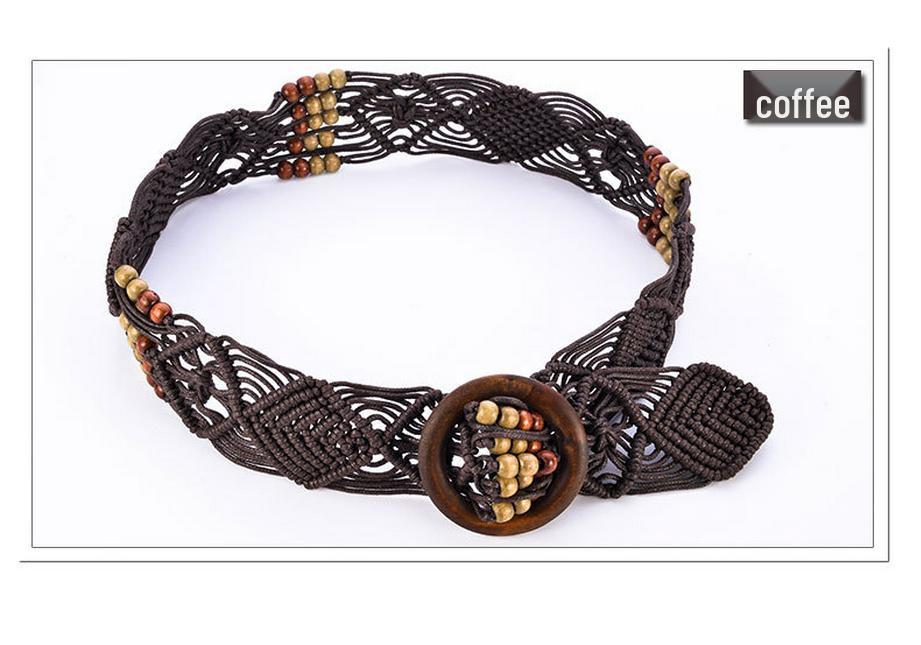 Ethnic Handmade Wax Rope Belt with Wood Buckle and Beads