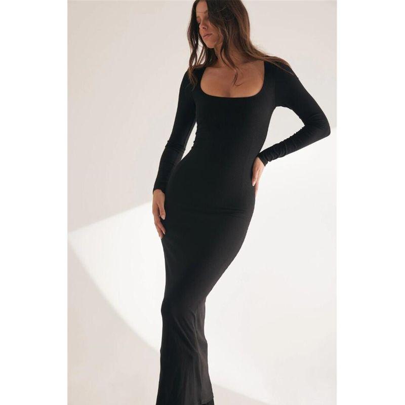 Foreign Trade Pure Yuan Single Tail Goods Exported To Australia Dej Women Slim Fit Slimming Knitted Sexy Square Collar Long Sleeve Dress