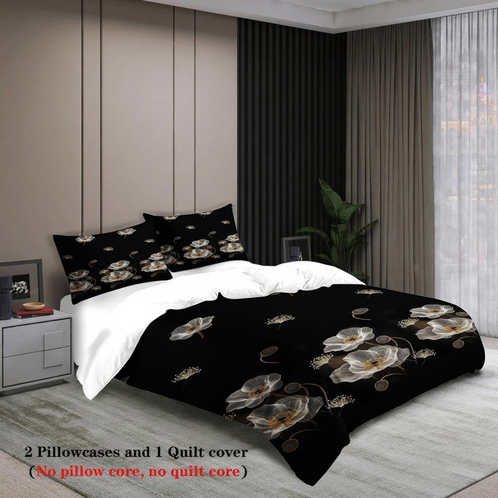3PCS Black Duvet Cover Set Golden White Flowers Printed Duvet Cover With Pillowcases Single Twin Queen Size Bedding Set for Home