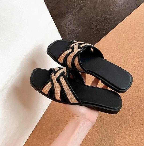 

Sheepskin version~ square-headed straw-woven cross-toed slippers women s Korea 2025 summer irregular casual cool slippers 34