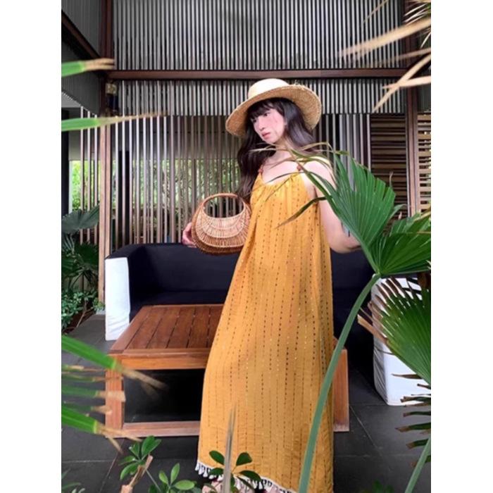 

[Original fabric] Yellow tassel suspender dress for women s summer high-end feeling super good-looking seaside vacation dress S жёлтый