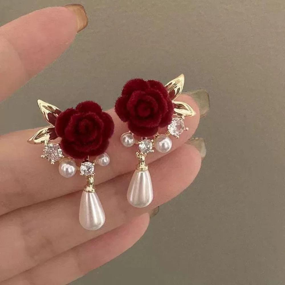 Vintage Rose Pearl Ear Studs Geometric Autumn Winter Earring Wine Red New Year Earring  Sweater