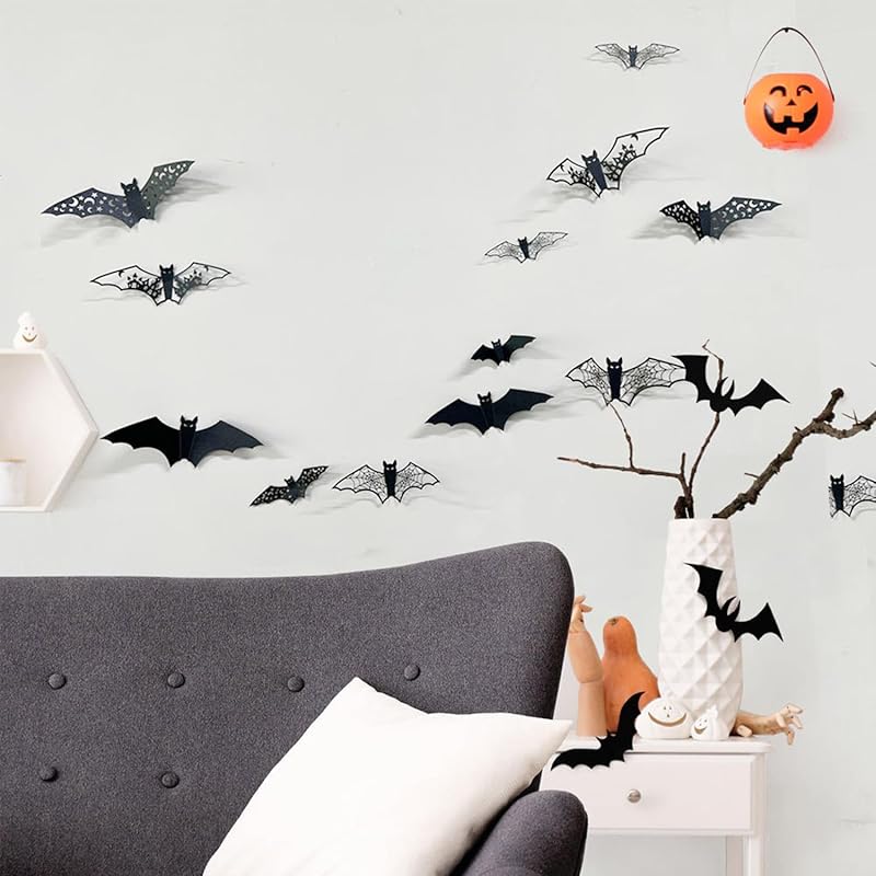24Pcs Halloween Bat Wall Decor Living Room 3D Halloween Home Decor Gothic Hollow PVC Wall Decorations Horror Black Bat Stickers for Classroom Decor
