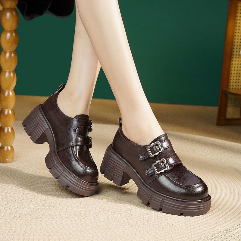 

Muffin platform loafers women s 2025 new retro British style small leather shoes French thick heel deep mouth single shoes foreign style 35