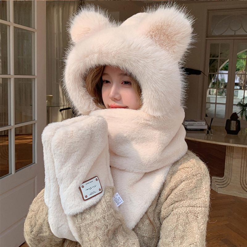 Korean Cute Plush Three-piece Set for Women's Autumn and Winter New Scarf Gloves Hat Integrated Plus Velvet Cold Proof and Warm Hat