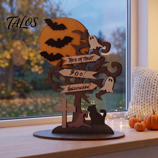Reusable Holiday Wood Crafts Halloween Moon Bat Ghost And Dead Tree Tabletop Ornament, Rustic Art Decorative Table Centerpiece for Home Desktop Party